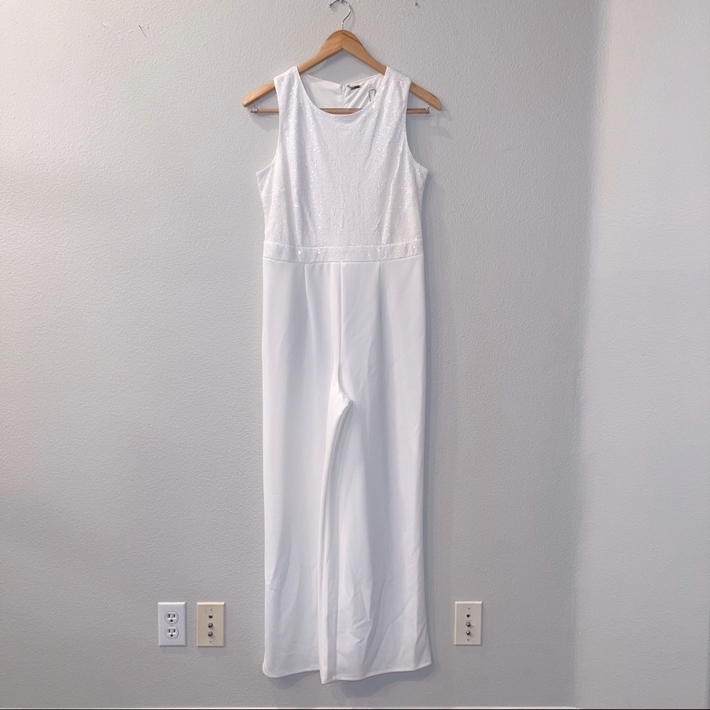 Tahari Sequins Embroidered White Jumpsuit